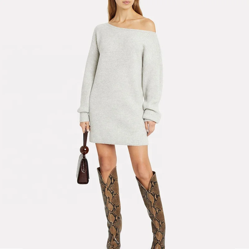 FYB Luxury Rib Knit Grey Sweater Dress Knitwear Knee Length Off One Shoulder Knitted Dresses For Ladies