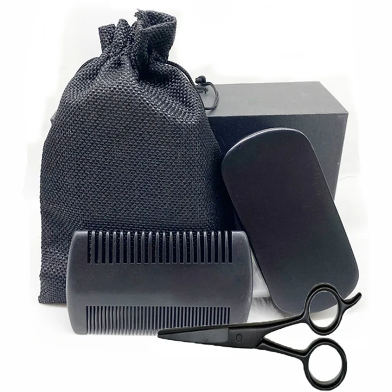 SAIYII Customized Logo Beard Comb Scissors  Boar Bristle Black Beard Brush And Comb Set For Men