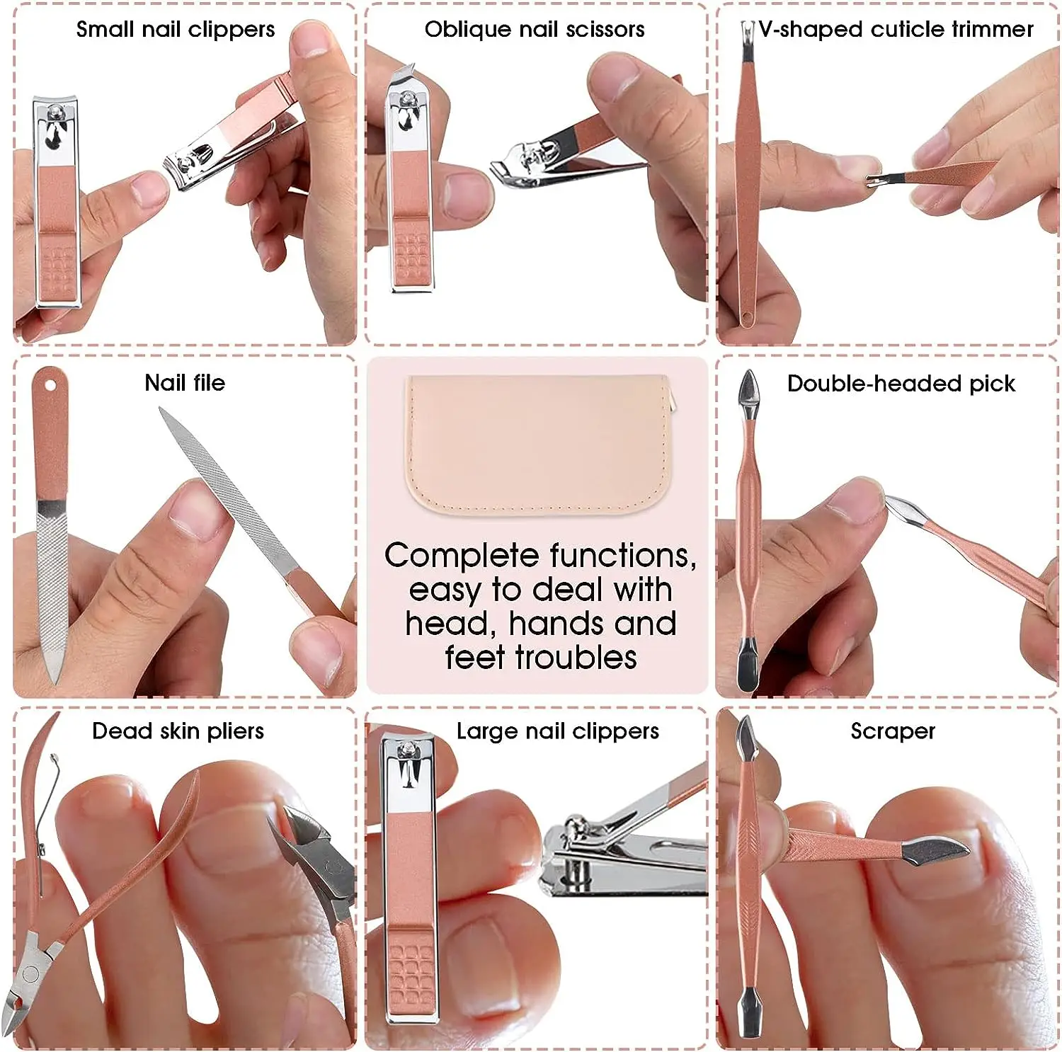 Beauty Tool 12 in 1 Stainless Steel Nail Tool Manicure Set Nail Clippers with Pink Leather Bag