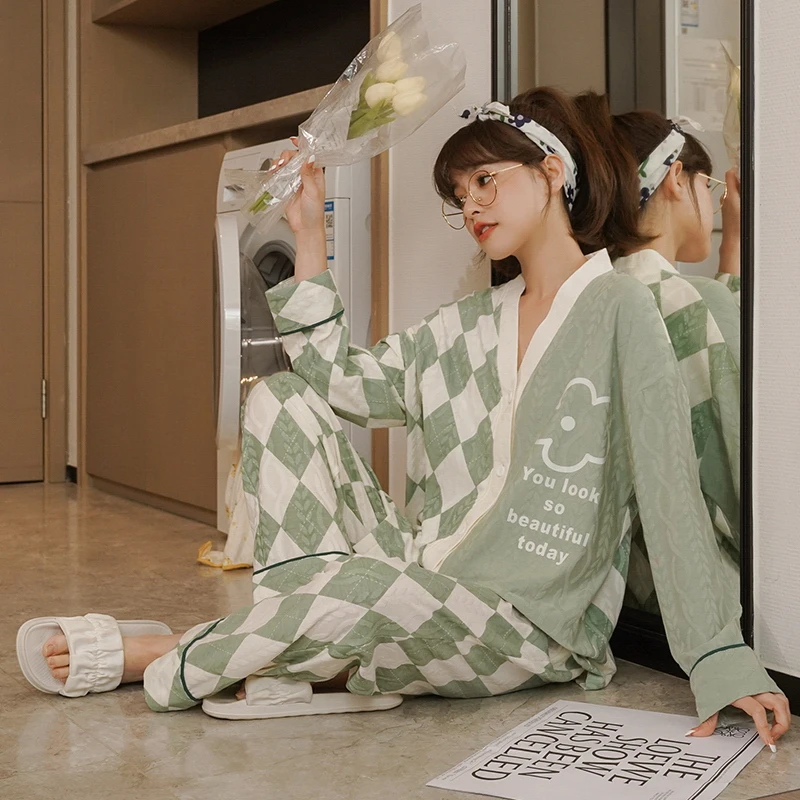 Supplier jersey Printed Leisure cotton Long sleeve Sleepwear set women daily lovely cartoon Cardigan Pajamas suit