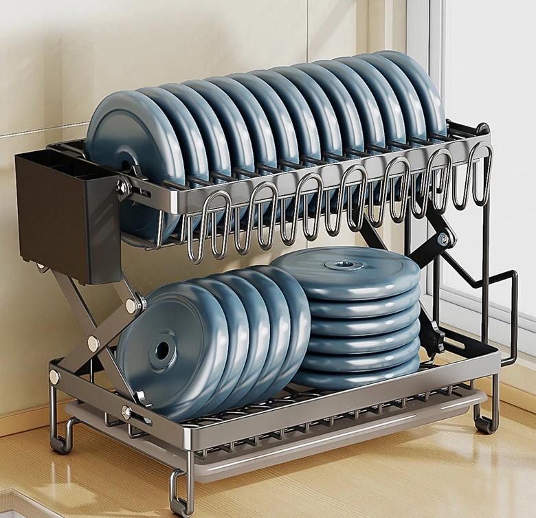Multi-Functional Double-layer Dish Drain Rack Carbon Steel Folding X-shaped Counter Top Kitchen Drain Rack
