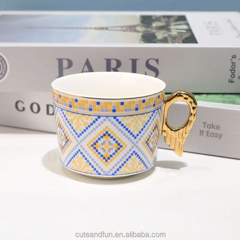 European Retro Angel Wing Ceramic Coffee Cup Porcelain Tea Cup Gold Handle