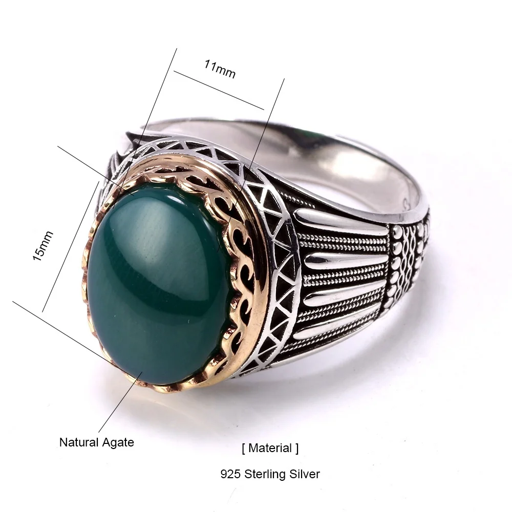 925 Silver Gems Stone Mens Ring Luxury Big Turkish Ring With Green Red Tiger Eyes Stones Vintage Turkey Jewelry  Rings For Men