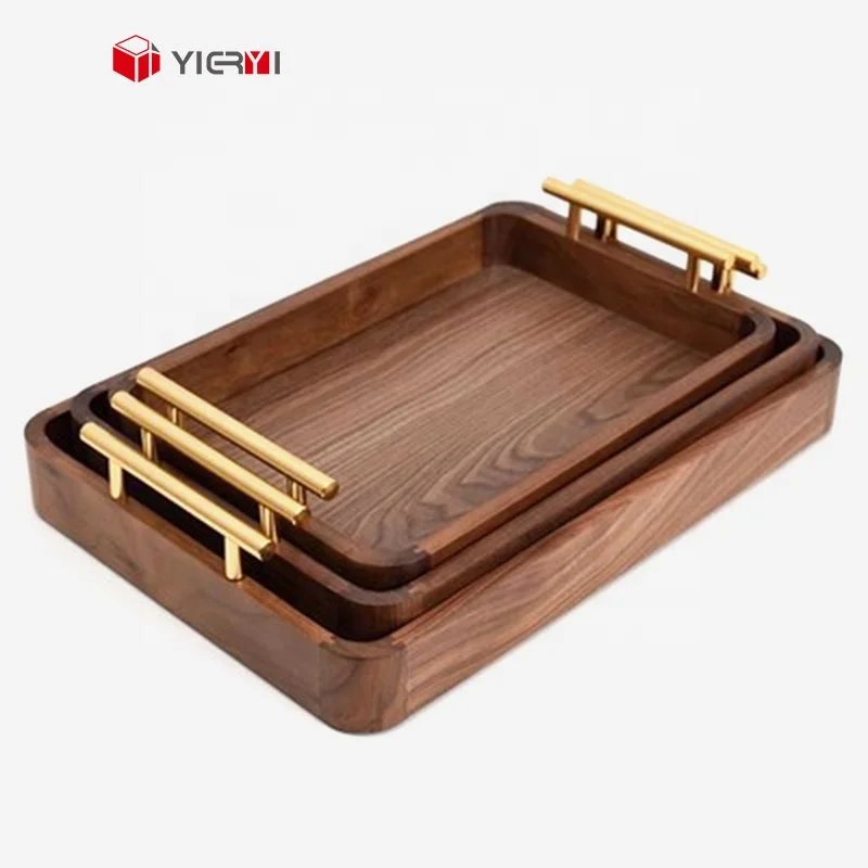 Set of 3 Walnut Wood Serving Tray with Handles Decorative Serving Trays Platter for Breakfast Appetizers BBQ, Coffee Table Party