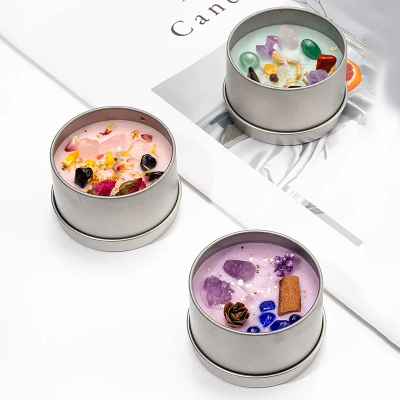 Hot Selling Dried Flower Candle With Crystals Wholesale Chakra Black Iron Tin Scented Candle For Wedding Gift Home Decoration