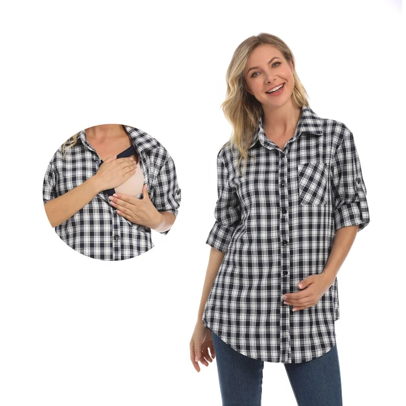 Long Sleeve Maternity clothes Women Pregnant Blouse Lactation Shirt Soft Plaid Breastfeeding Top Loose For Big Women