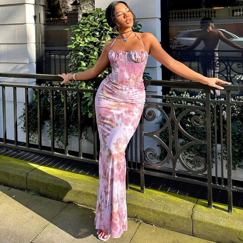 FS10324A New arrival flower print dresses women summer dress slim slit party dress