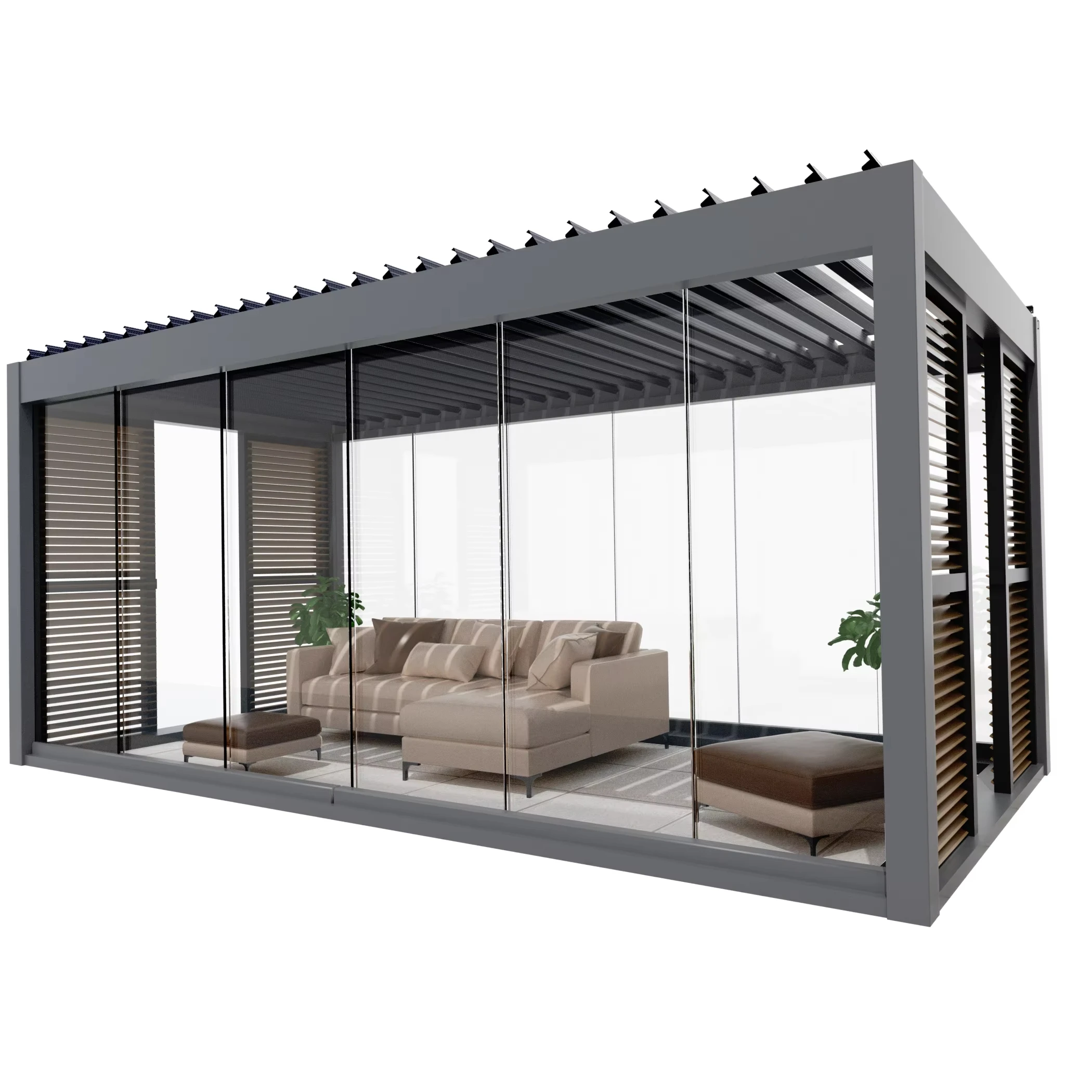 YOUYA Grey Type Customizable Solar Pergola with Louvered Roller Blind Door