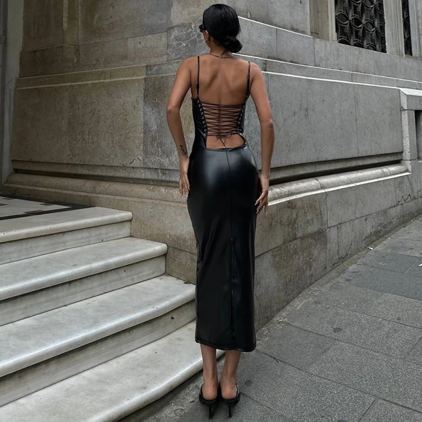 OOTN 2024 Summer Fashion PU Sexy Backless Dress Streetwear With Waist Tie Bodycon Slit Dress Elegant Black Leather Dresses