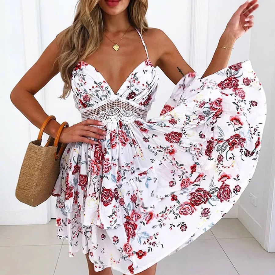 Summer Women Boho Chiffon Flower Dresses Ladies Sexy Strapless V-neck Backless Halter Bandage Beach Dress 2022 Women Clothing