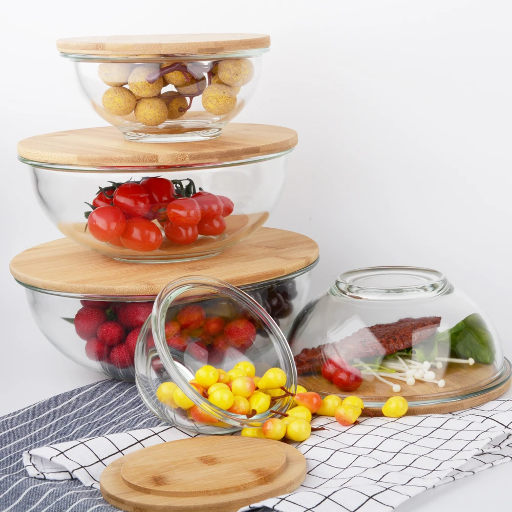 
Microwave and oven safe glass bowl set with bamboo lid 