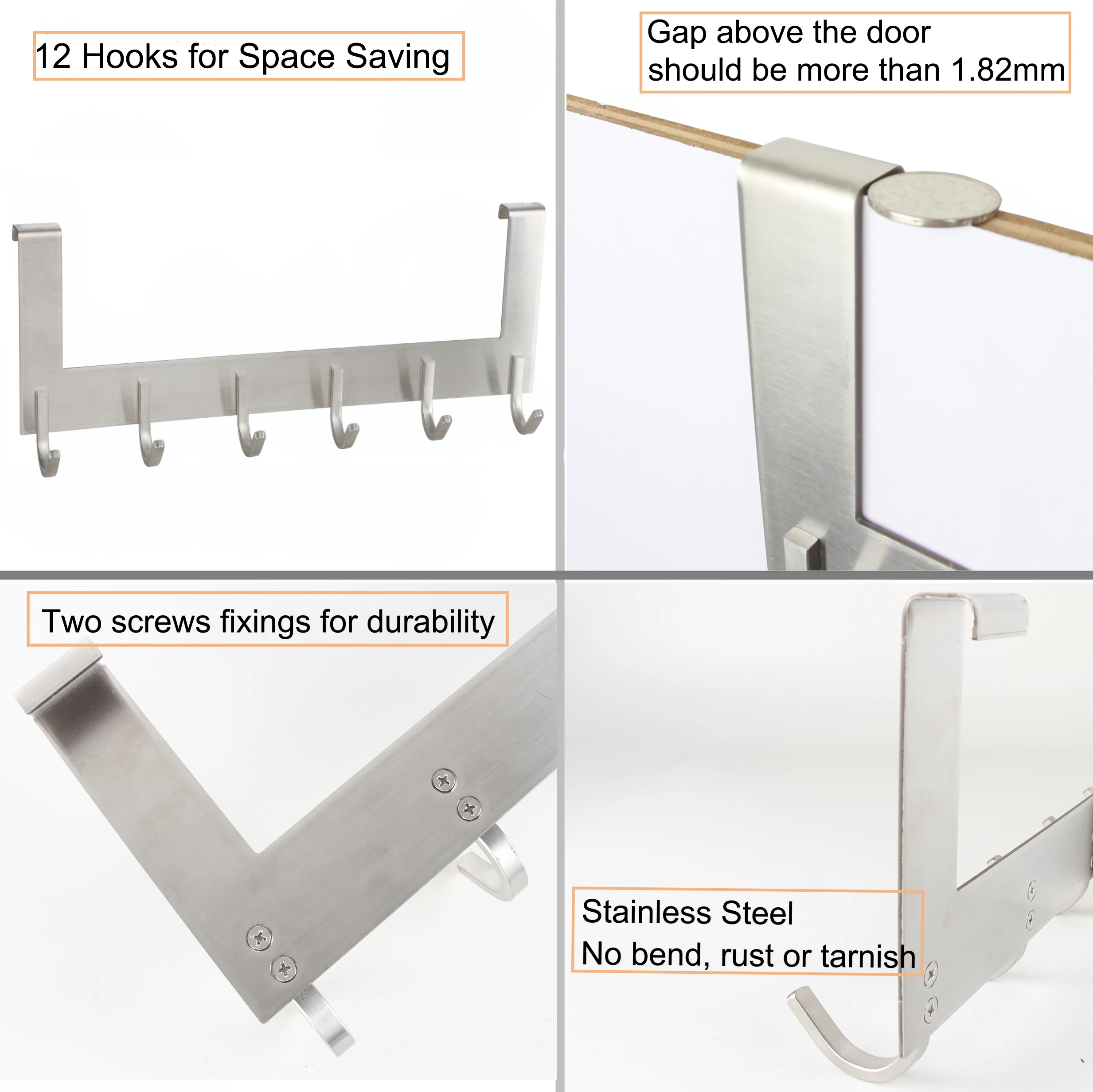 Heavy- duty Stainless steel 12 Hooks Cloth Hanging Towel Robe Hooks Over the Door Hooks Hanger