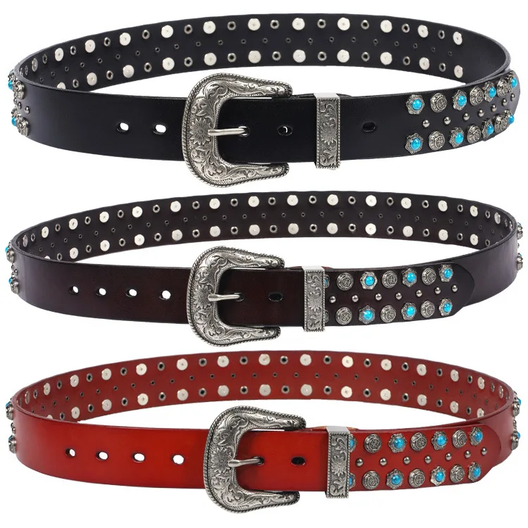 Luxury Turquoise and Studs Inlaid Western Buckle Genuine Leather Cowgirl Belt for Women