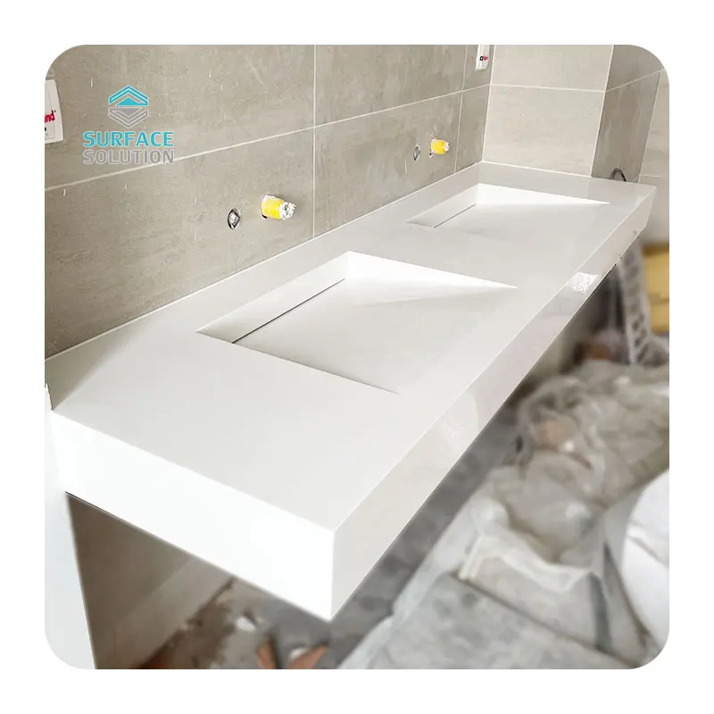 Modern white color artificial stone korean acrylic solid surface double basin bathroom vanity top with sink