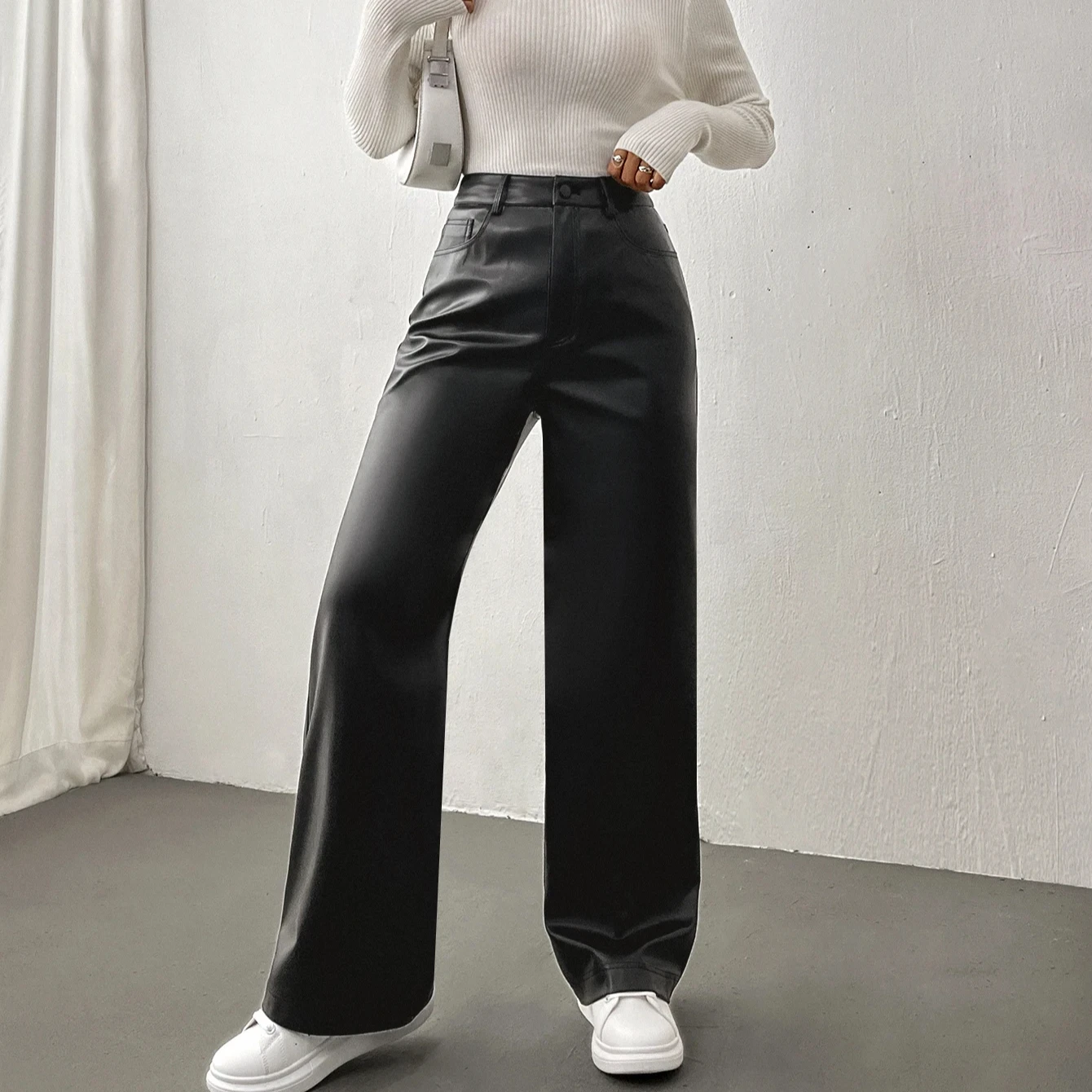 Custom Mid Waistline Women Tight Black Trousers Zippers PU women Leather Pants with Pockets