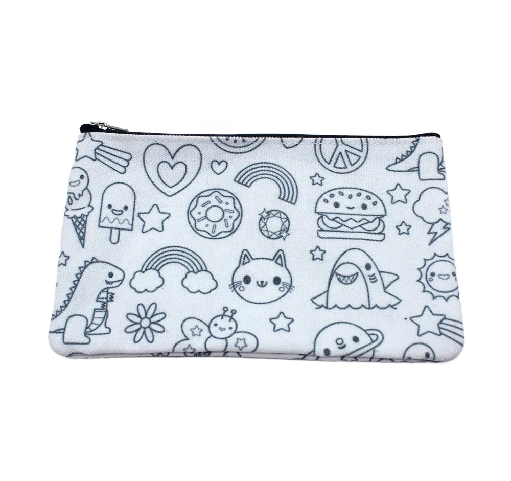 Wholesale custom DIY cute cat  black and white pattern doodle coloring cute zipper pencil case for school children