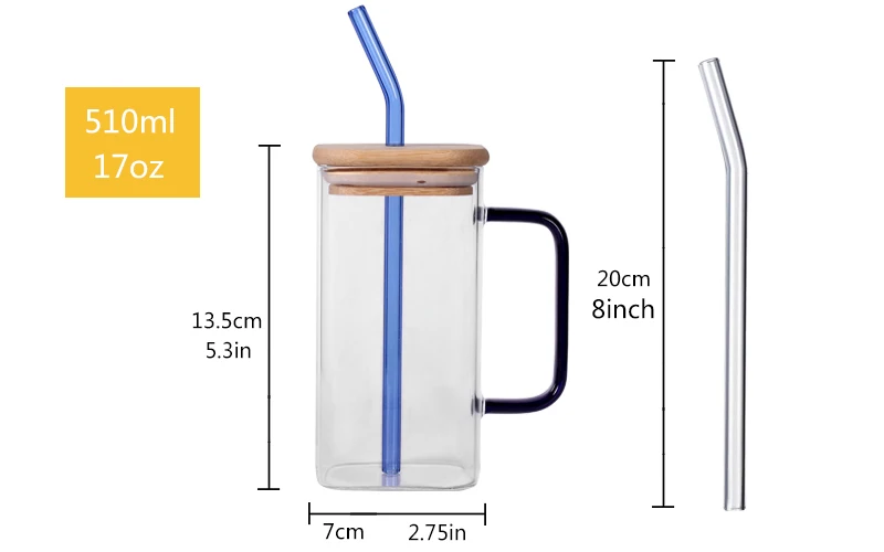 Square Glass Cup With Bamboo Lid And Reusable Glass Straw Iced Coffee Glasses Soda Can Cup