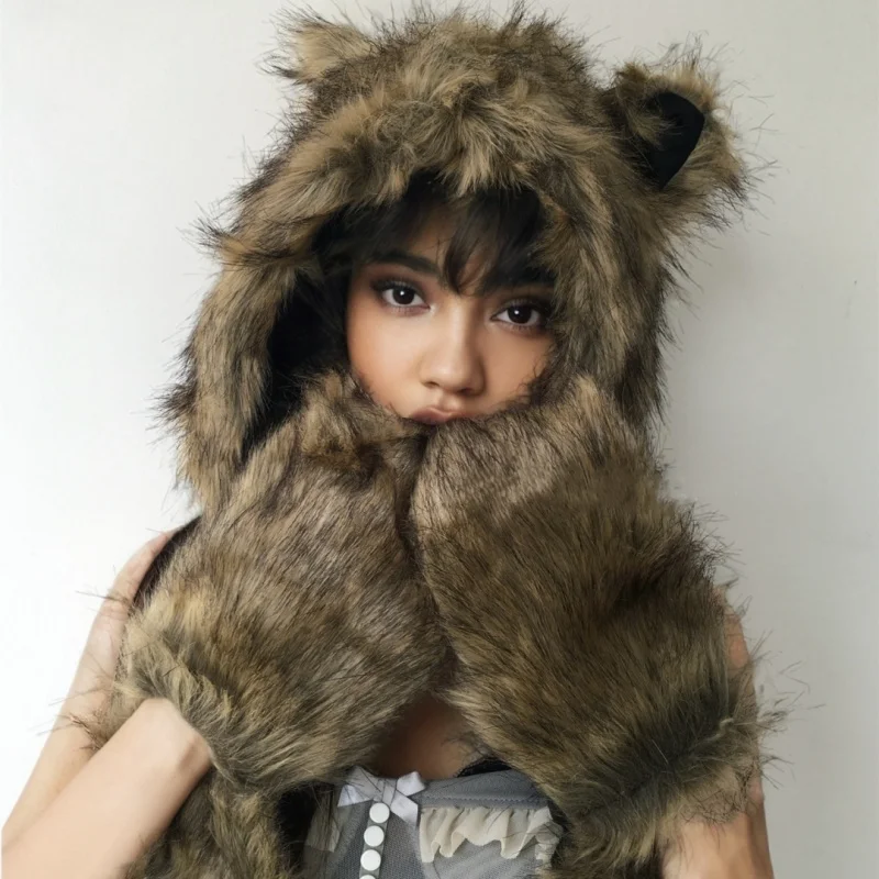 Japanese style winter cute Abi fox fur imitation fur plush hat scarf gloves integrated bear hat