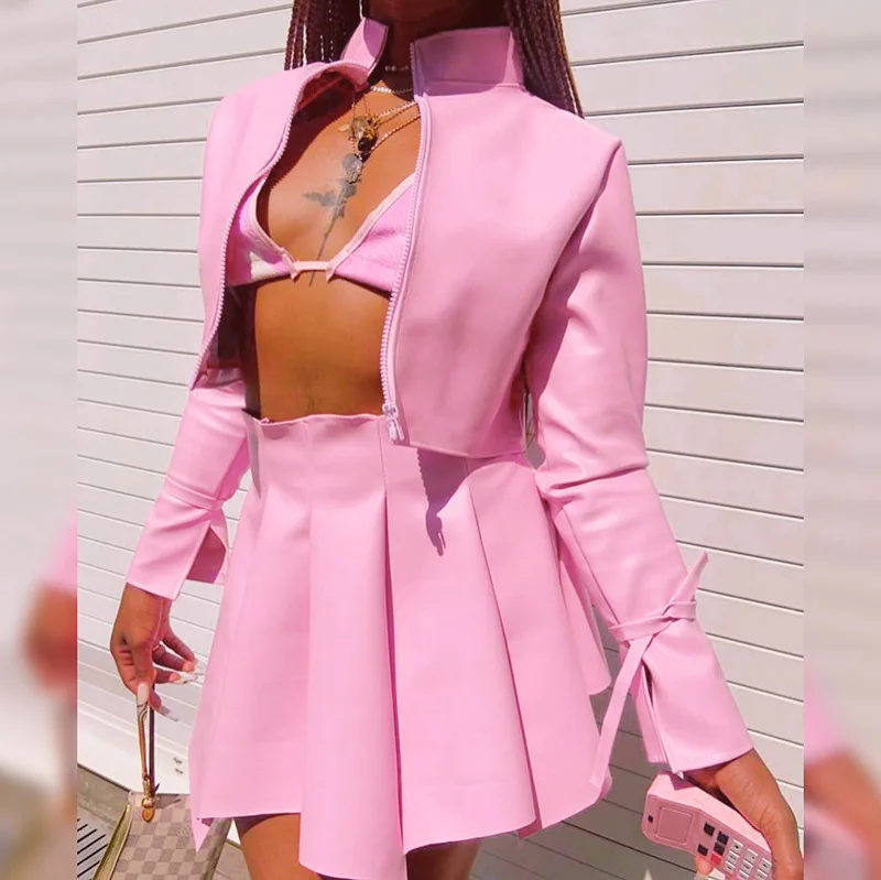 Trendy Women Winter Outfit Party Wear Pleated Skirt And Crop Top Jacket Set Two Pieces Solid Color Leather Sexy Skirt Set
