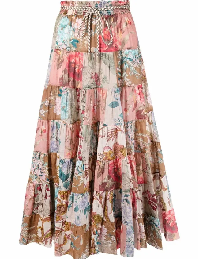 2023 Summer Women Custom Elegant A Line Long Smock Cotton Multi Color Floral Pleated Midi Skirts with Rope