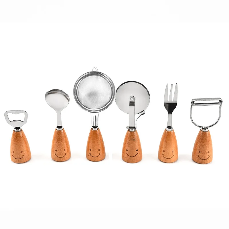 Wholesale 11 pcs Kids Kitchen Utensil Set Smile Pattern Wood Handle Mini Kitchen Accessories