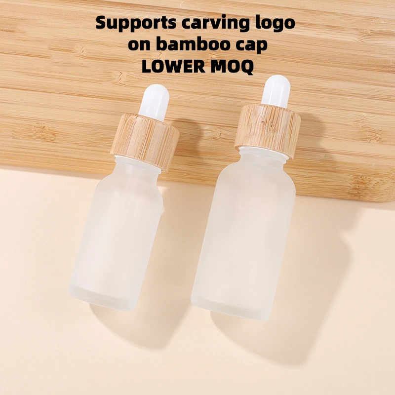 custom logo real bamboo cap white frosted glass oil bamboo dropper bottle serum bottle