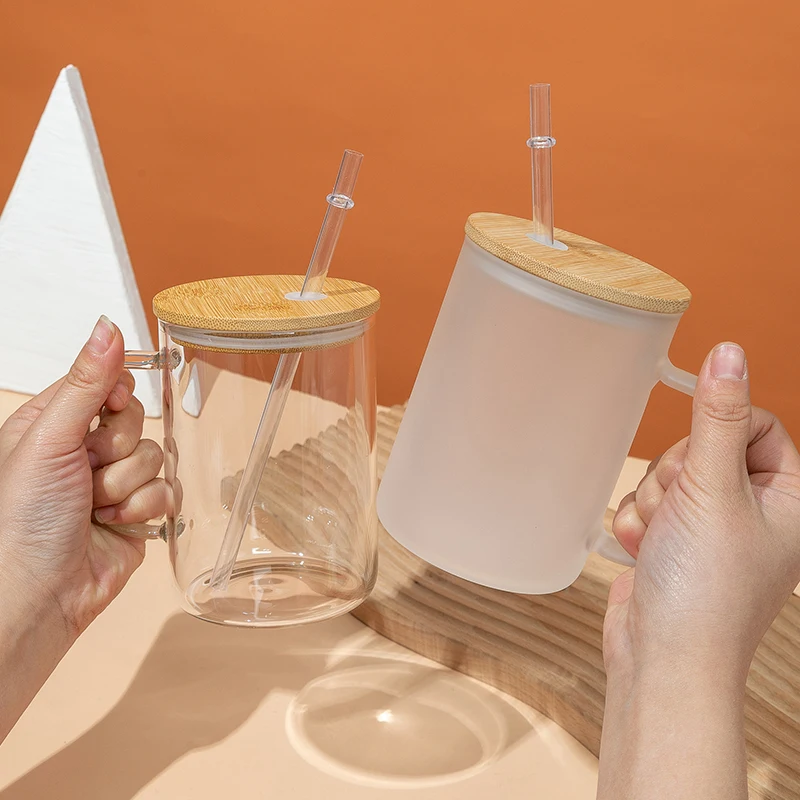 Clear 15 Oz Sublimation Blank Borosilicate Travel Beer Coffee Glass Mug with Handle Bamboo Lid and Straw for Holiday Gifts