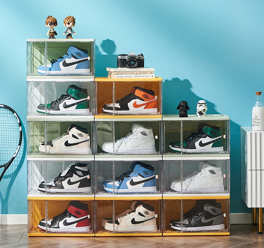 New style Plastic Stackable Foldable Clear sneaker box Rotating design Display Box Organizer of Shoes Storage Boxes