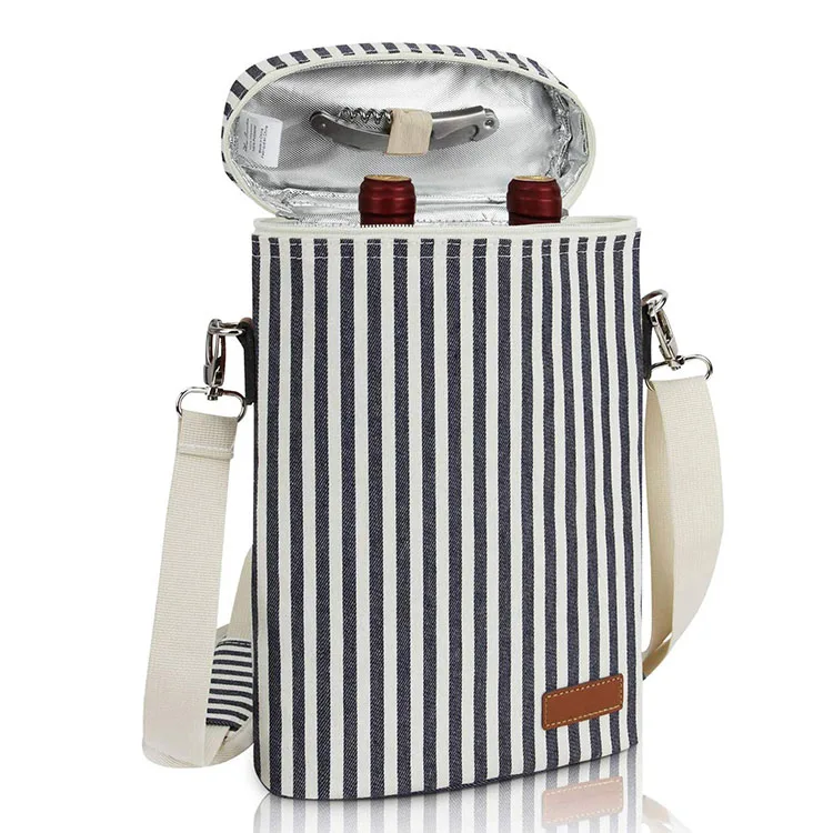 2 Bottle Insulated Wine Tote Bag Carrier Travel Padded Cooler Bag with Shoulder Strap Corkscrew Opener