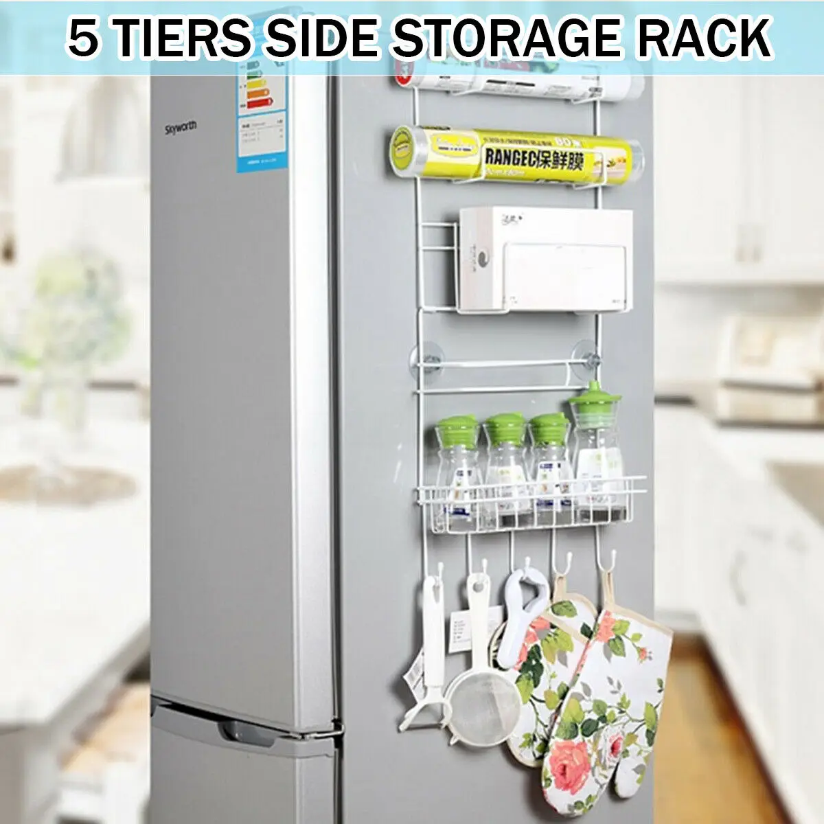 5 Tiers Iron Metal Wall Mounted Kitchen Mount White Freezer Door Spice Rack Cabinet Organizer