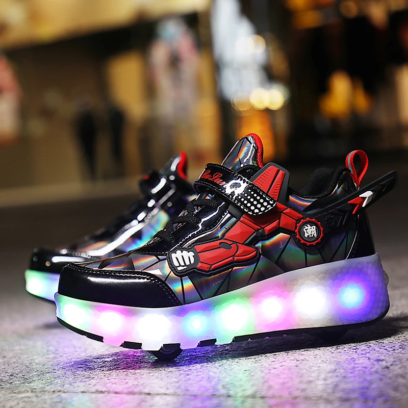 Wholesales Kids Roller Skating Shoes Adjustable Flashing Roller Shoes Two Wheel Led Light Flying Sneakers