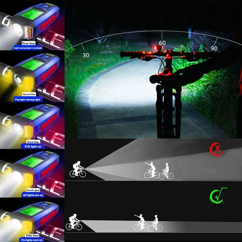 Popular multi function USB Rechargeable mileage Bicycle Computer Loud Bike Bell LED bicycle light mountain bikes accessories