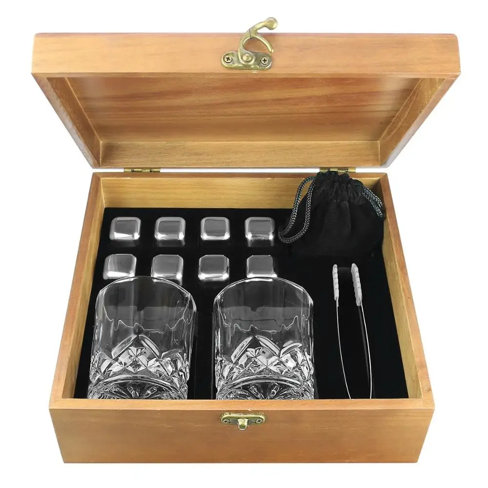 8 piece set whiskey stone set wooden gift box glass stainless steel ice cubes