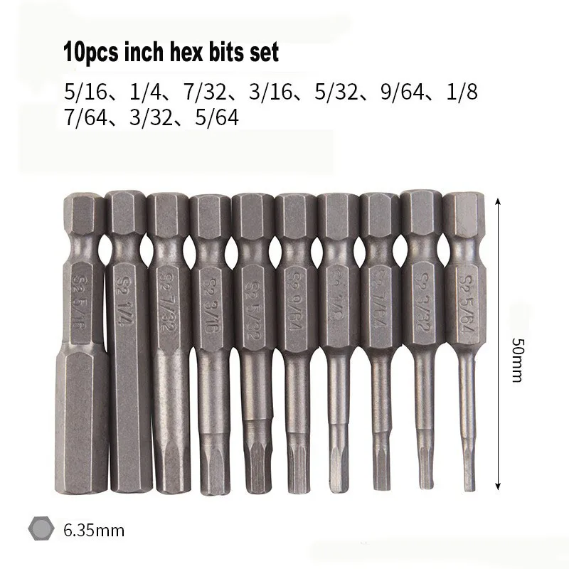 Набор из 10 шт. Шестигранная головка S2 электрическая метрическая и дюймовая отвертка