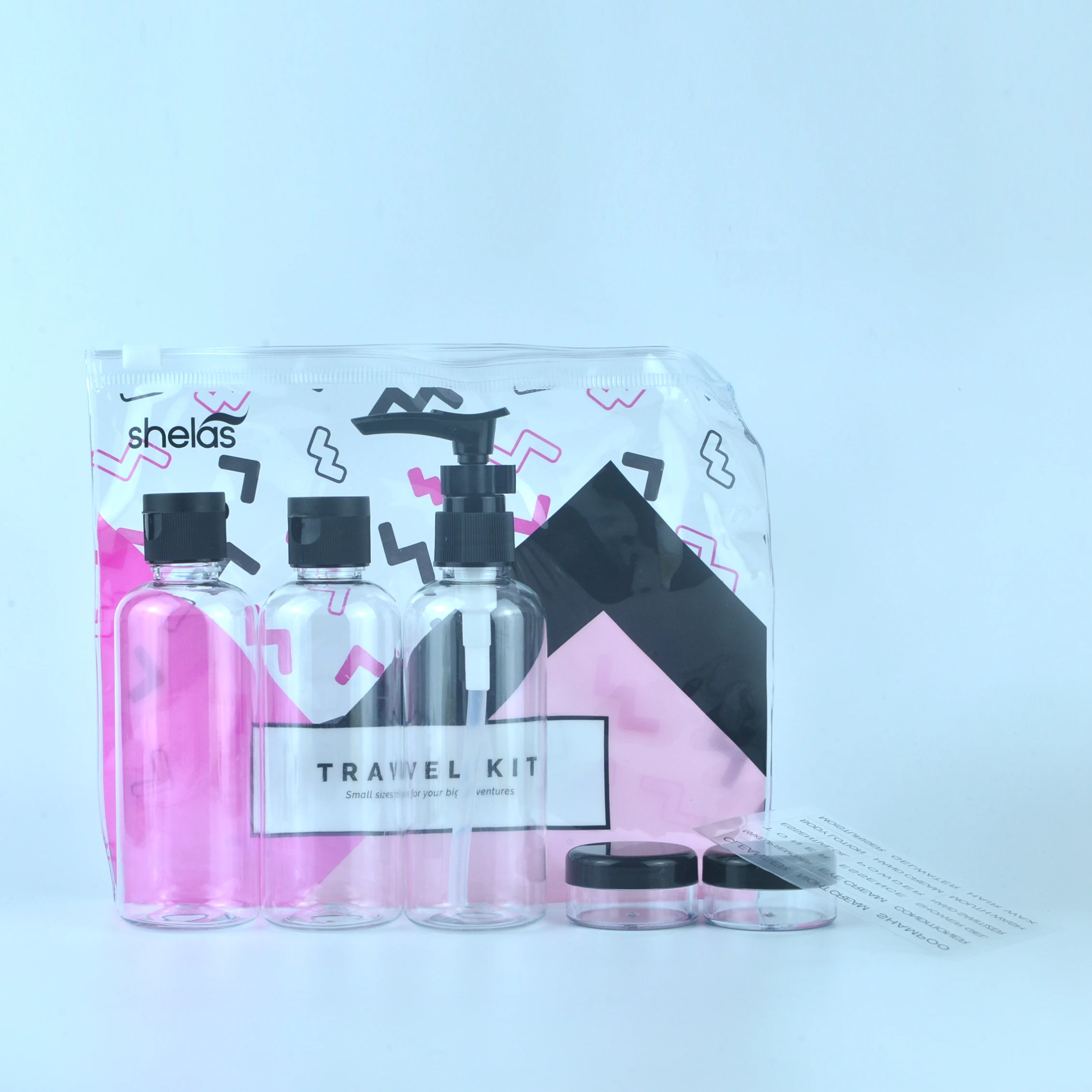 Custom Logo 5pcs eco-friendly portable air makeup travel empty  shampoo  bottle set  kit with pouch for  Cosmetic Packaging