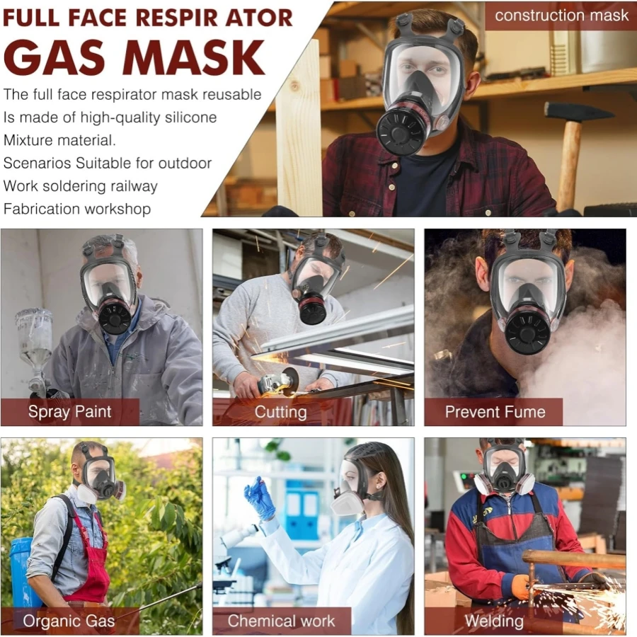 Double Connection Interface Breathing Full Face Protection Industrial Gas Mask Respirator