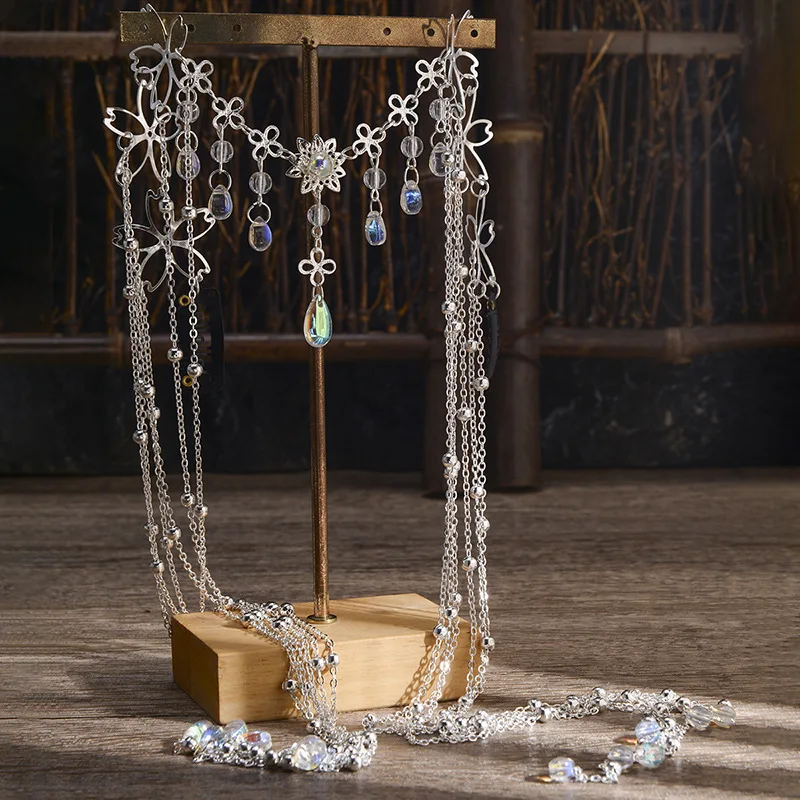 Wholesale Customised Shiny Head Chain Long Tassel Hair Band Water Drop Crystal Retro Hairpin