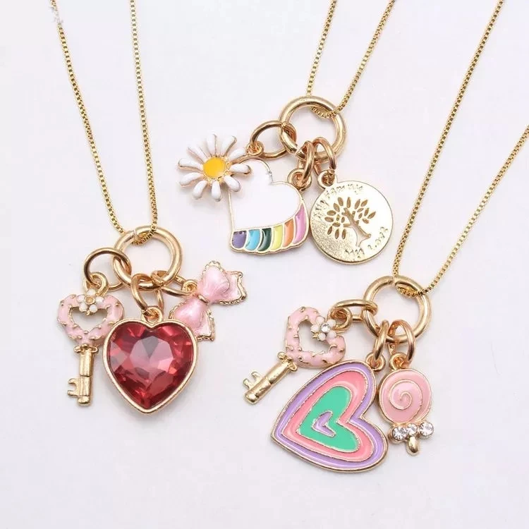 Hot Selling Children Gold Plated Enamel Necklace Kids Sweet Key Rainbow Sunflower Heart Pendant Necklaces