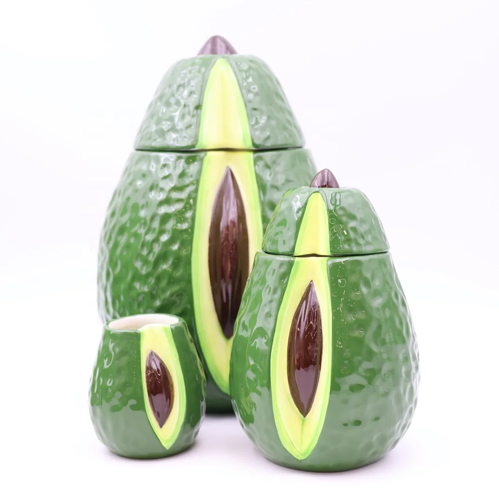 Custom handmade kitchen decorative centrepiece fruit themed green canister jars set ceramic avocado food storage jar with lid