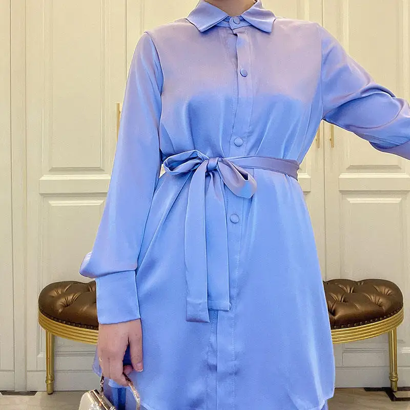 Co Ord 2 Piece Satin Silk Suit Muslim Islamic Clothing Button Up Long T-shirt Match Pockets Skirt Borong Abaya Baju Kurung