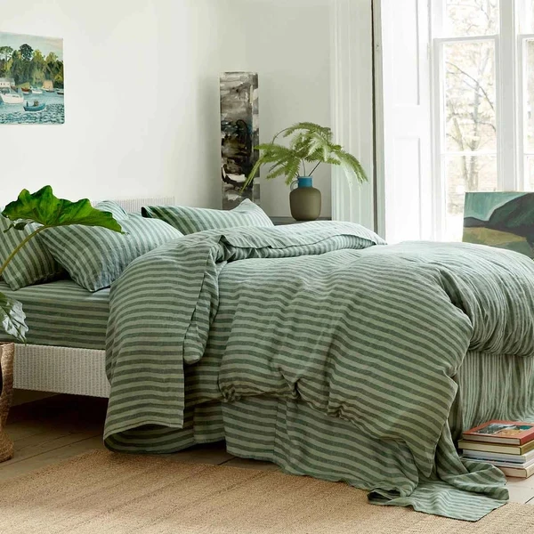 High quality 100% French Flax Linen duvet cover set yarn dyed pinstripe French linen sheets