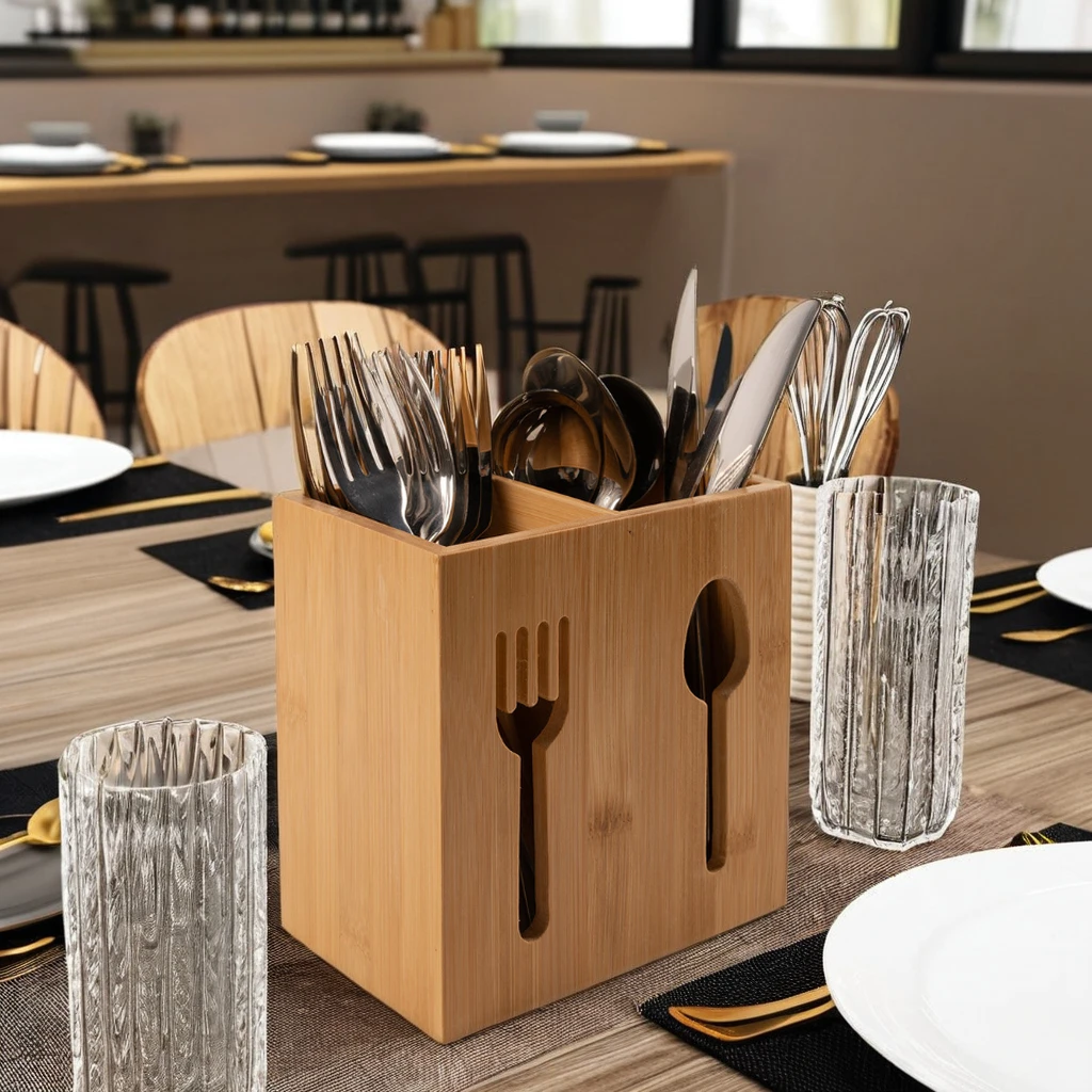 Wholesale Bamboo Wooden Organizer Restaurant Tabletop Spoon Cutlery Dining Utensils Holder 2 Compartment Kitchen Display Box
