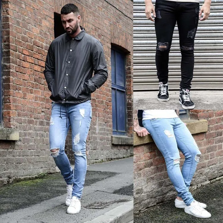 Drop shipping Autumn new Europe and the United States  man is tight pure color cowboy man small leg pants 	 ripped jeans men