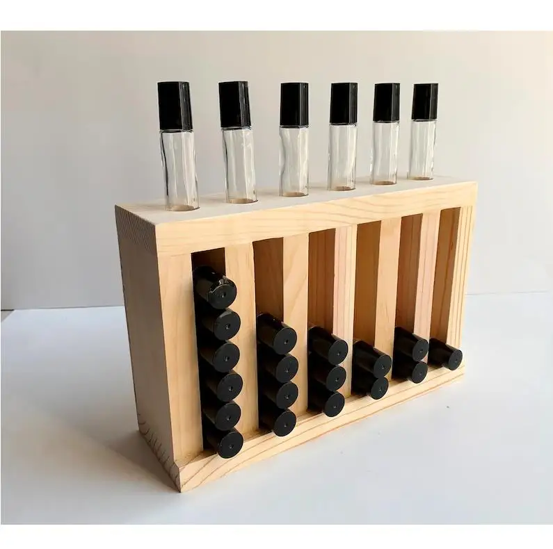 Custom creative wooden roller ball bottle display stand wooden perfume display essential oil stand