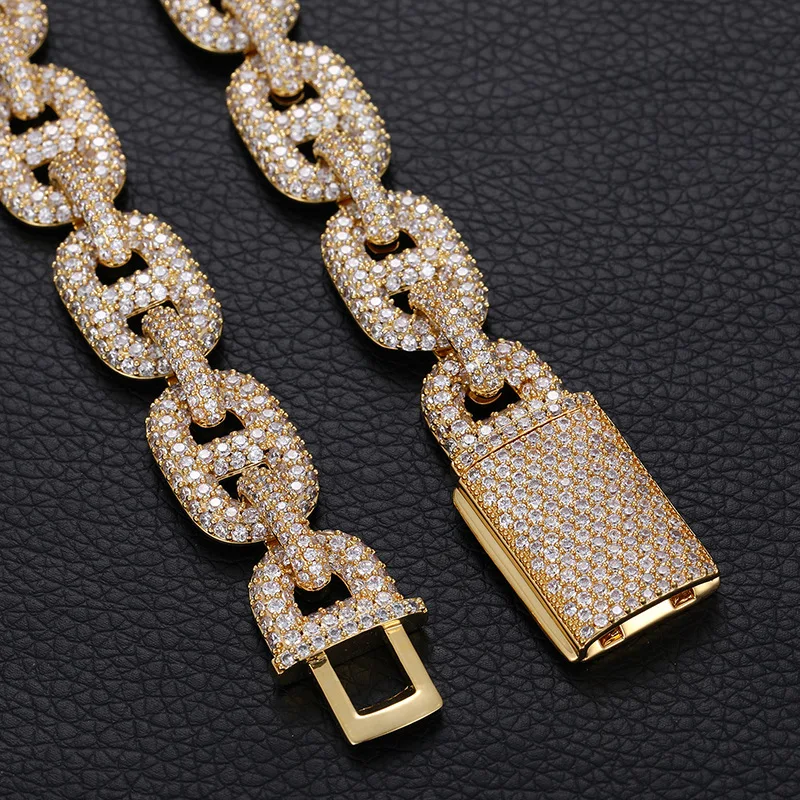 Hip Hop Chain 15mm Wide Box Clasp  Zirconia Genuine Gold Plated Pig Nose Necklace Jewelry