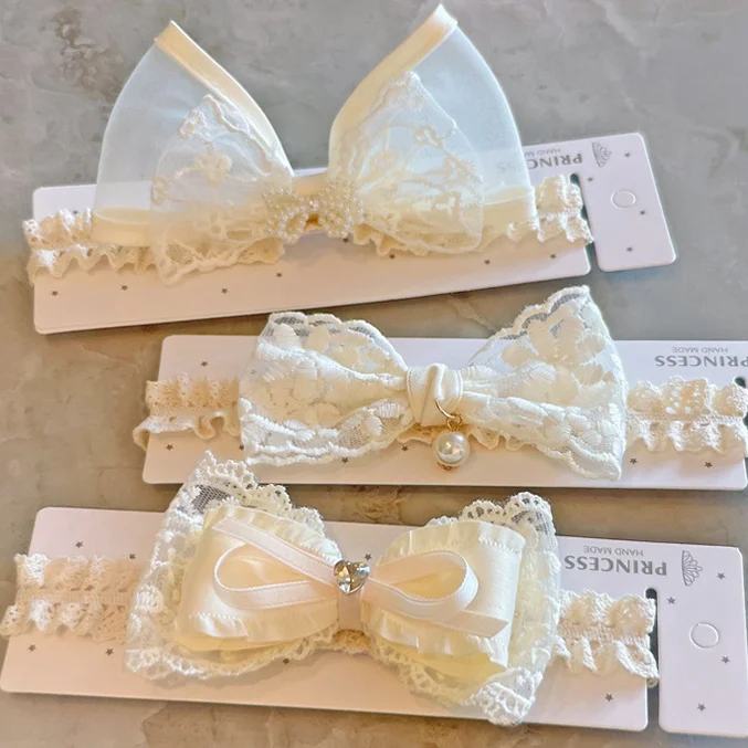 Korean Style Beige Embroidery Lace Bow Infant Baby Girls Hair Band Pearl Crown Cute Soft Bowknot HairBand Hair Accessories