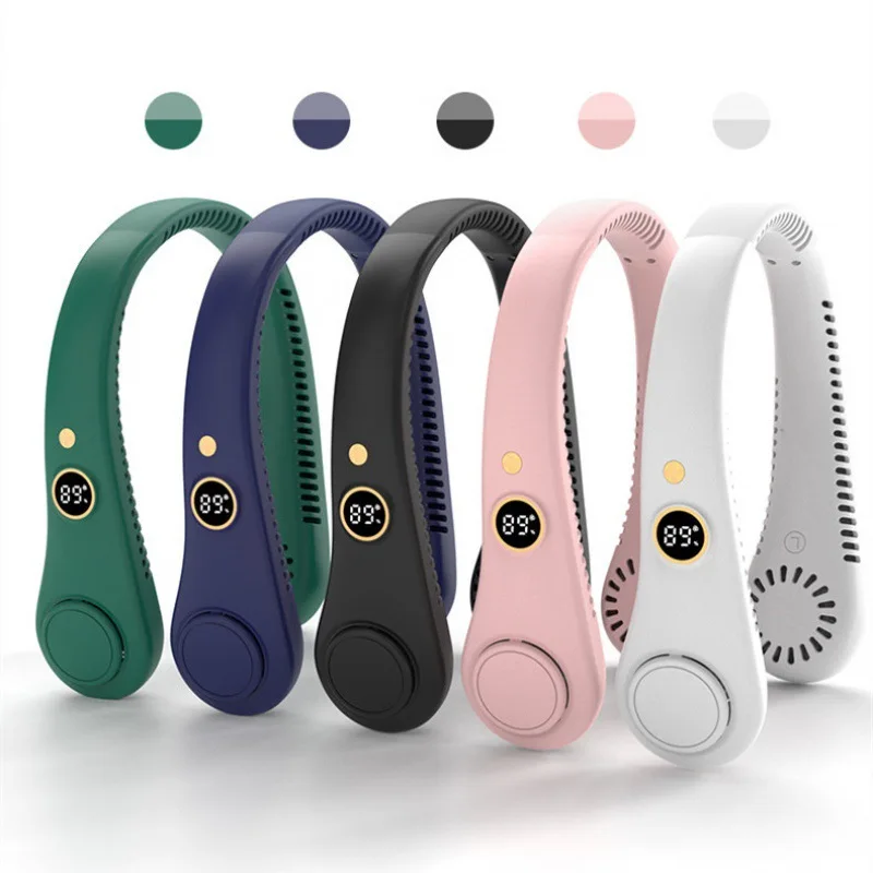 2024 Hanging portable neck fan  LED digital display outdoor rechargeable bladeless fan  5 Gear Mini Leafless Neck cooler