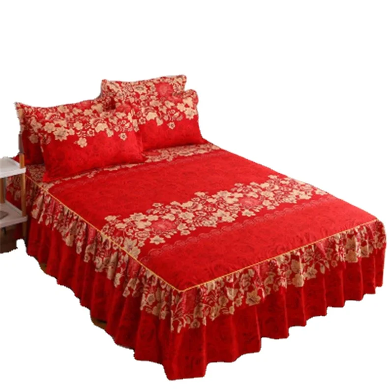 3pcs Printed Bedding Set Soft Bed Skirt Wedding Bedspread Full Twin Queen King Size Bed Sheet Mattress Cover Bedsheets R1461-1