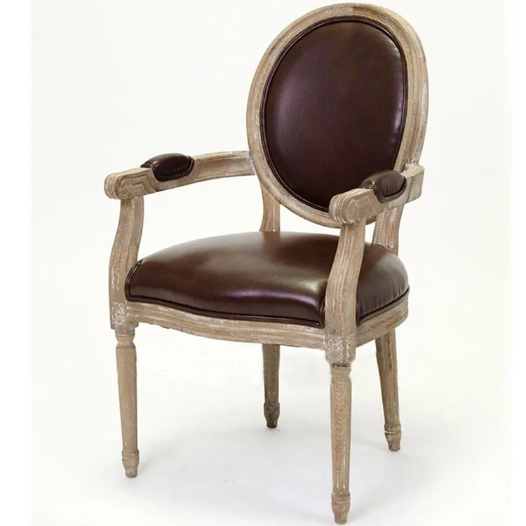 American country retro antique style oak wood brown genuine leather armchair dining chair