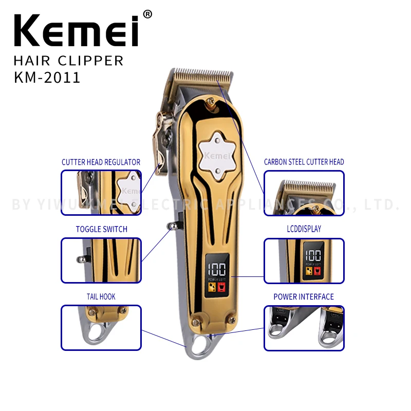 Kemei KM-2011 Новая Мужская электрическая машинка для стрижки волос, комплект из двух предметов, костюм светодиодный дисплей Металлическая машинка для стрижки волос USB зарядка триммер машинка для стрижки волос
